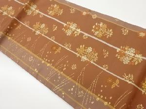 縞に花々模様織出し名古屋帯